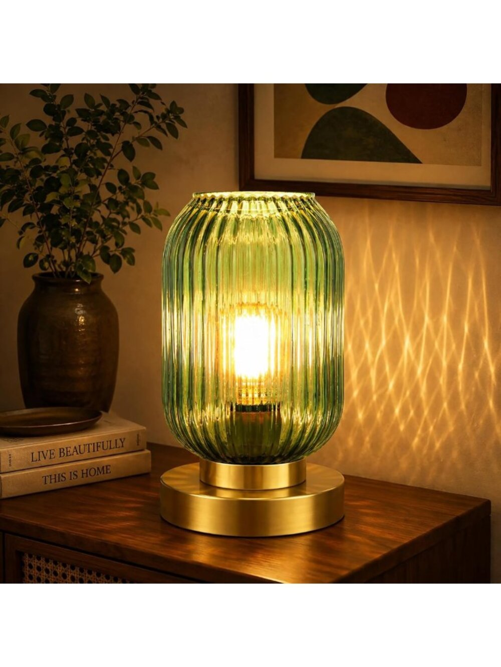 Mid Century Modern Gold Table Lamp - Ribbed Green Glass Shade, Vintage Home